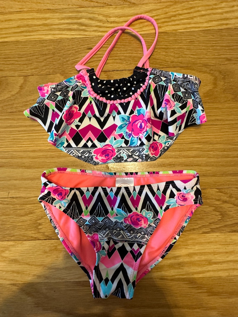 wonder nation Pink and Black Floral Aztec Girls Two-Piece Swim Set